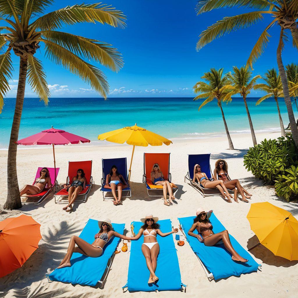 A vibrant summer scene showcasing a diverse group of stylish models wearing chic thongs and bikinis on a sunny beach, surrounded by colorful beach umbrellas and tropical palm trees. The background features crystal-clear blue waters and a bright, sunny sky. Include playful beach accessories like sunglasses and hats for added flair. The overall atmosphere should radiate joy and sophistication. super-realistic. vibrant colors. sunny background.